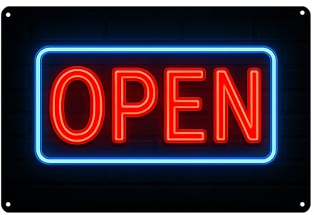 OPEN Neonschrift Hinweisschild - Blechschild, Metallschild - 20x30cm - Schild für Innen- und überdachten Außenbereich - leichte Montage - Geschenk