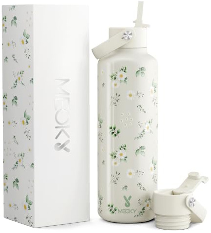 Meoky 710ml Stainless Steel Water Bottle with Straw for School Gym, Daisy | Insulated Water Bottle with Straw and Flip Lid, Cold for 24 Hours, Leak Proof, Carry Loop, BPA-Free