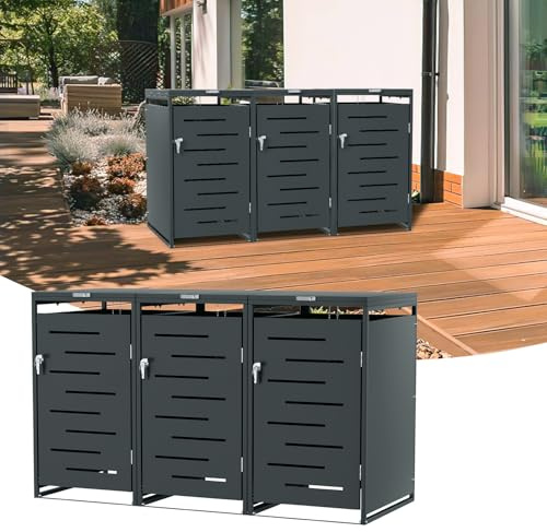 Ollewiellan Cache-poubelles à 3 compartiments pour 3 poubelles de 120 l et 240 l, revêtement robuste en acier, résistant aux intempéries avec ventilation, accessoires de montage, anthracite