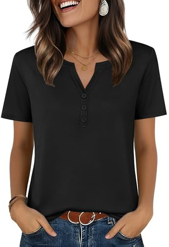 Zeagoo Shirts for Women 2026 Fashion Spring Tops Short Sleeve Henley Shirts Business Work Blouse Tee Clothes Black