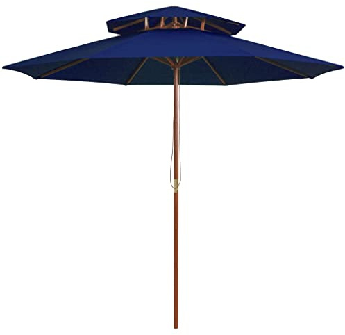Kompakter Strandschirm Koffertauglich,Sonnenschirm mit Doppeldach und Holz Mast Blau 270 cm,Für Balkon Terrasse Garten