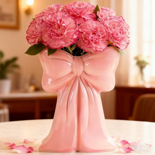 Disoza Rosa Schleife Vasen Tischdeko Keramik Modern Vase Vintage Vase für Pampasgras Porzelan Blumen Trockenblumen Blumenvase für Hochzeit Tulpenvase Küche Wohnzimmer