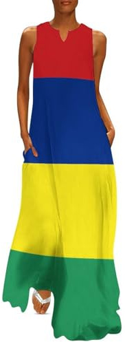 ZISTRCBAO Robes sans Manche pour Femmes, Robe Longue Drapeau de l'île Maurice à Col en V, Robe De Plage Fierté culturelle avec Poches D'été Décontractée, Longue Et Fluide