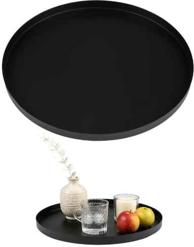 Deko Tablett Rund 30 cm, Rund Dekotablett, Serviertablett Matt Schwarz | Kerzentablett Metall, Schmuckaufbewahrung, Anti-Rutsch Dekoteller für Wohnzimmer, Badezimmer, Schmuck, Kerzen und Vasen