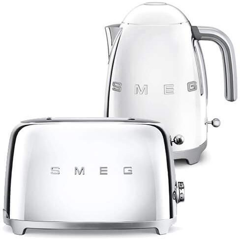 Smeg TSF01SSUK KLF03SSUK | 50's Retro Style Aesthetic | 2 Slice Toaster and Kettle Set in Chrome / Stainless Steel