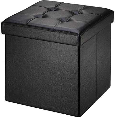 BRIAN & DANY Folding Ottoman Storage Box with Lid, Faux Leather Footstool Toy Storage Box Storage Seat 38 x 38 x 38 cm (Black)