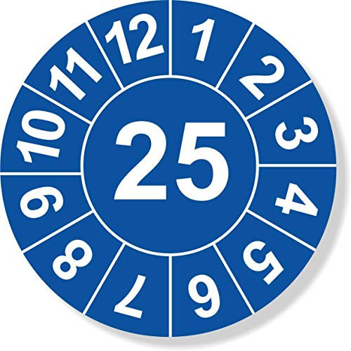 Prüfplaketten 2025 - blau - einjährig Ø 8 mm: - 250 Stück mit wechselnden Jahresfarben - Staffelpreise für Businesskunden ab 3, 6, 11 VE