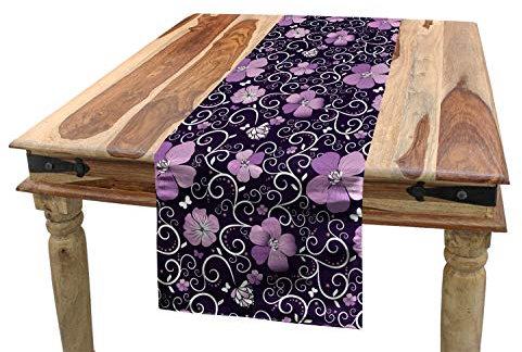 ABAKUHAUS Blumen Tischläufer, Blumen-Patterned Entwurf, Esszimmer Küche Rechteckiger Dekorativer Tischläufer, 40 x 180 cm, Weiß Lila