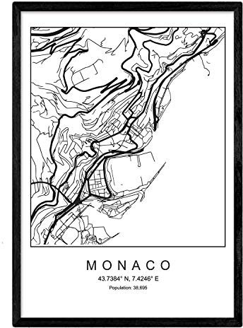 Nacnic Drucken Monaco Stadtplan nordischen Stil schwarz und weiß. Plakat A4 bedruckte Papier Keine 250 gr. Gemälde, Drucke und Poster für Wohnzimmer und Schlafzimmer