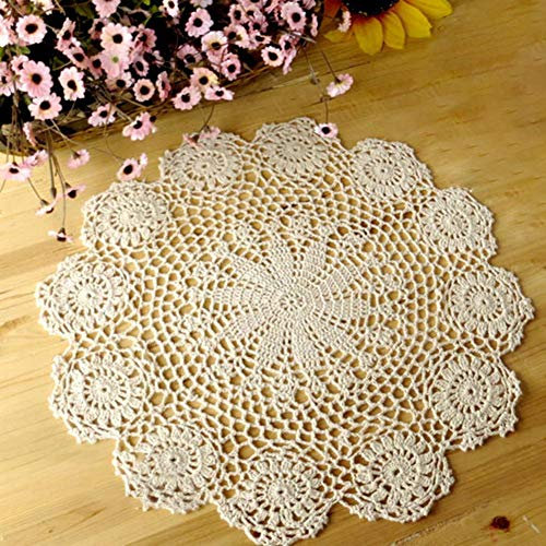 perfecti 2 Stück Platzsets Geklöppelte Deckchen Untersetzer Baumwolle Spitzendeckchen Rund Handarbeit Placemat, 35-40 cm (Weiß/Beige)