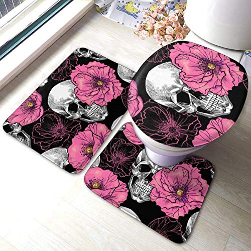 RedBeans Rutschfeste Badvorleger-Set, 3-teilig, Flanell, mit Totenkopf-Motiv, rosa Blume, Badezimmer-Set, inklusive weicher Badematte, WC-Vorleger und WC-Sitzbezug