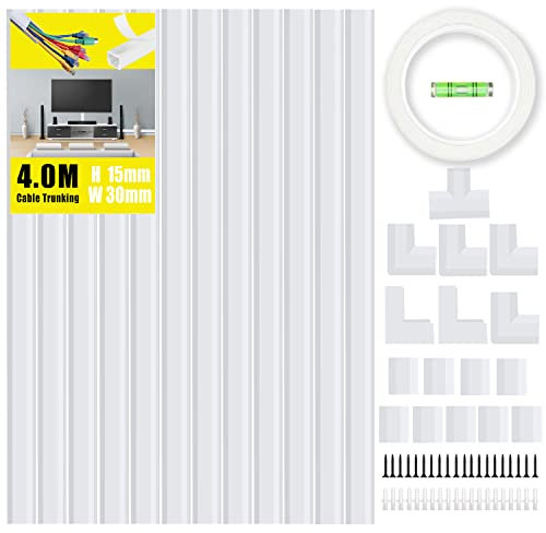 KOOLPUG Goulotte Passe Cable, Cache Cable TV Mural, Gaine Câble, Goulotte Passe Cable 4 mètre avec Mini Niveau à Bulle, Goulotte Electrique, Passe Cable Mural, Goulotte Cable TV Mural (4.0M)
