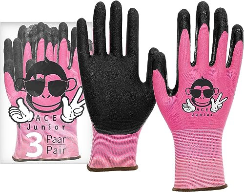 ACE Junior Arbeits-Handschuh für Kinder - 3 Paar Schutz-Handschuhe für die Garten-Arbeit - Pink - 7-8 Jahre (3er Pack)