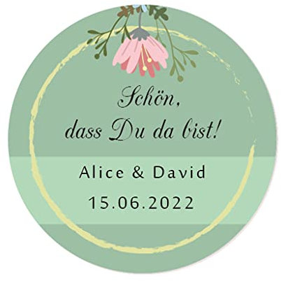 48x personalisiert 40mm Grün Hochzeitssticker - Schön, dass du da bist! Aufkleber für Hochzeit,Taufe,Geburtstag Feier,Gastgeschenk,Tischdeko,Flaschen,Tüten,Briefen,Einladungen -Rd 259 dass13