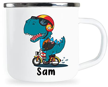 Sam Personalisierte Kindertasse mit Name und lustigem Dinosaurier Motiv Emaille Tasse individuelle Geschenke Kind Geburtstag Junge Mädchen Metallbecher Emailletasse Geschenkidee