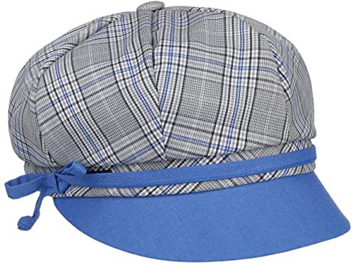 Lipodo Velamie Check Ballonmütze Damen One Size (ca. 55-61 cm) - Mit Leinen & Baumwolle - Made in Italy - Mit Stretchband für optimalen Sitz - Mit Schleife - Kappe Frühling/Sommer grau-blau One Size