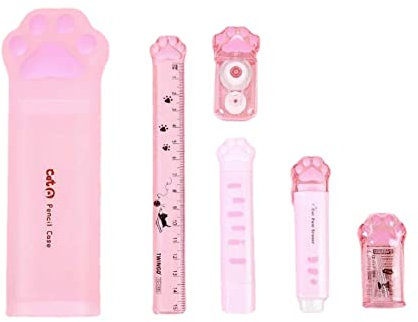 MROOFUL Trousse Rose en Forme de Patte de Chat avec Gomme et Taille-Crayon et Ruban correcteur pour Filles - Grande capacité