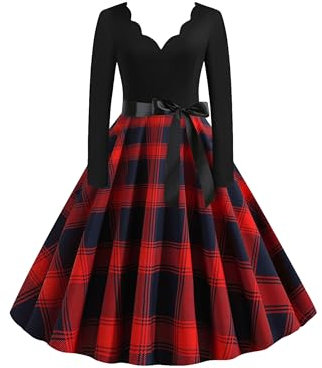 EFOFEI Damen Lange Ärmel Ballkleid Hepburn Cocktailkleid Langarm Cocktailkleid mit Gürtel Valentinstag Spitze Druck Abend Party Dress Rot S