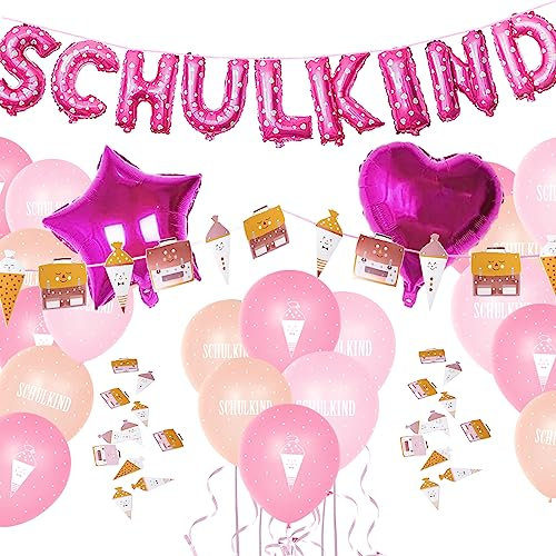 Einschulung Deko Set für Mädchen, Folienballon Schulkind Girlande + Schultüte und Schulranzen Banner + Schuleinführung Schulanfang Luftballon + Zuckertüten Konfetti