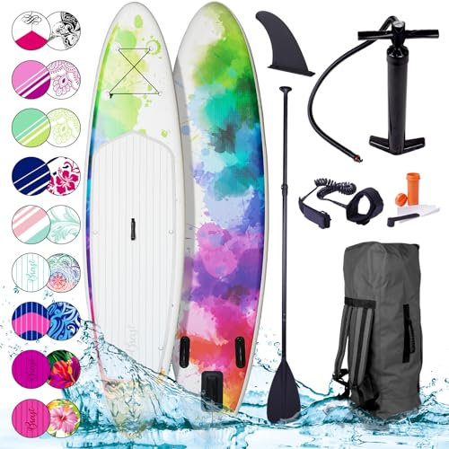 BRAST® SUP Board Lady | Aufblasbares Stand up Paddle Set für Frauen | 300cm viele Modelle | inkl. Sonderzubehör | 2in1 Paddel Kajak-Sitz Action-Cam-Halterung Fußschlaufe Pumpe Rucksack | Rainbow 300