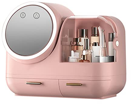 Organizador de maquillaje, caja de almacenamiento de cosméticos, con espejo de iluminación LED giratorio, resistente al polvo, para tocador, dormitorio, baño (rosa)
