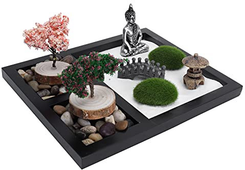Tissting Mini Jardin Zen Table de Sable Statue de Bouddha 21.4 x 17.5 cm Kit de Bac à Sable Zen, 12 Pcs Kits D'Ornement Miniatures Style Japonais Plateau de Bureau Décoration Artisanale