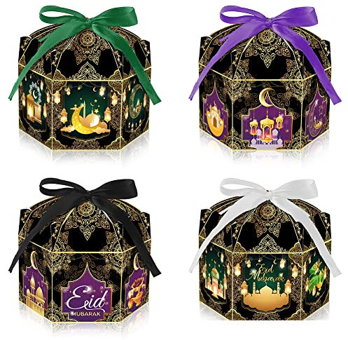 12 Stück Ramadan Geschenkboxen,Eid Mubarak Geschenktüten, Muslim Süßigkeiten Geschenkbox, Ramadan Candy Tasche mit Mond 12 Band für Süßigkeiten,Kekse,Schokolade Ramadan Party Dekoration