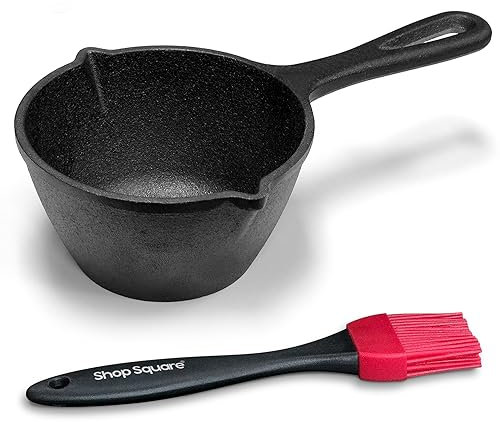 Cast Iron Basting Pot and Silicone BBQ Brush - BBQ Basting Set with Saucepan and Brush for Meat Smoker, Grill and Stove - BBQ Meat Smoker Accessories Gift for Men, 15 Oz