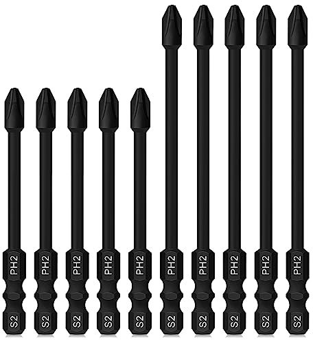 Hakkin 10Pcs Impact Phillips Bits PH2 S2 Steel Impact Driver Bits 1/4” Hex Shank Magnetic Screwdriver Bits 75mm 100mm Torque Driver Bits for Impact Driver