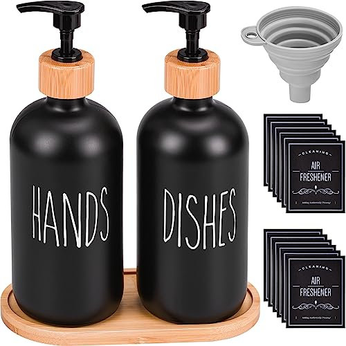 2pcs Soap Dispenser 500ml, Glass Hand Soap Dispenser Set, Dish Soap Dispenser with Tray and Funnel for Kitchen Bathroom Countertop - Black