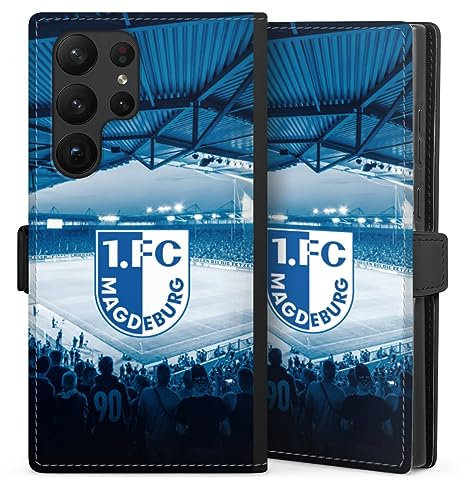 Klapphülle kompatibel mit Samsung Galaxy S 23 Ultra Handyhülle aus Kunst Leder schwarz Flip Case 1. FC Magdeburg Stadion 1. FCM