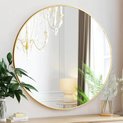 Sunniry Goldener runder Spiegel, 61 cm Kreisspiegel, goldener Metallrahmen, Badezimmerspiegel, runde Wandspiegel für Badezimmer, Flur, Wohnzimmer, Schlafzimmer