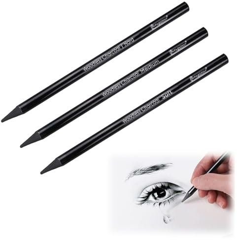 Butyeak Kohlestifte Set, Zeichenkohle, Charcoal Pencils Set, Professionelle Skizzierstifte, Zeichenkohle Schwarz, Woodless Kohlestiften, Kohlebleistifte zum Zeichnen, 3 Stück(Weich + Mittel + Hart)