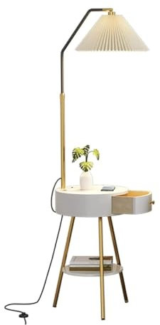 Lampadaire de Luxe en métal, Lampe de Lecture, étagère de Rangement, Lampe sur Pied avec tiroir, Chargement sans Fil USB, Lampe Moderne à pôle Haut