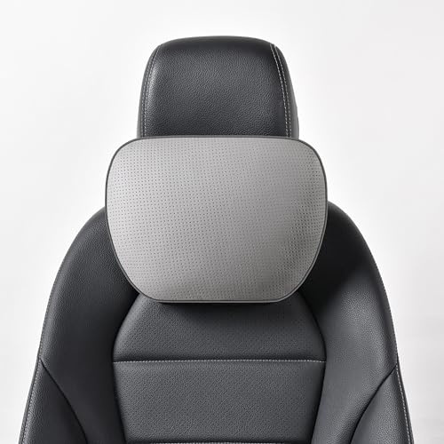 POKSRI 1P Cuero Genuino de Vaca Cojin Reposacabezas Coche,Almohadilla Auto,cojín Cabeza,cojin Cervical automóvil,poliéster Vegetal,30x19cm,Recargable y Ajustable(Gris)