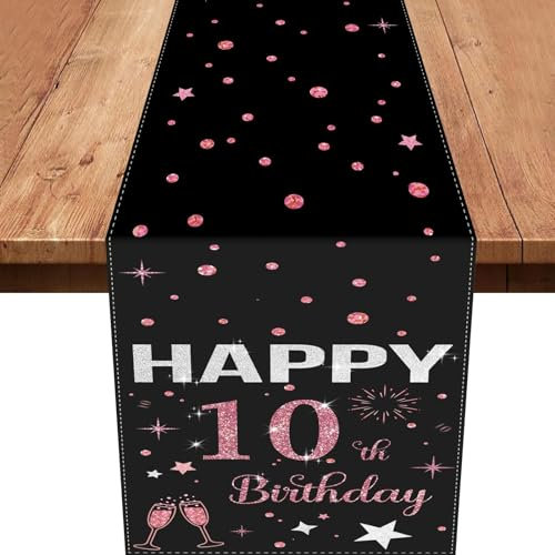 10.Tischläufer Geburtstag,Rose Gold Tischdeko 10 Geburtstag Junge Happy Birthday Tischläufer Tischdecke für 10 Geburtstag Party Dekoration 180 x 35cm