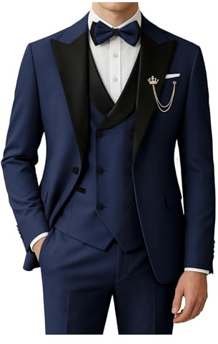 SPTALLFITJSV Mens 3 Piece Tuxedo Suit Slim Fit Wedding Prom Dinner Tuxedo for Men Double Breasted Suits Set with Bow Tie, Navy Blue, M