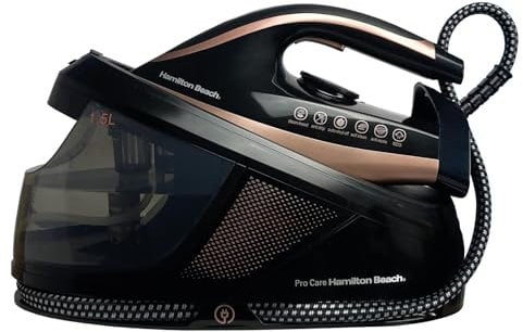 Hamilton Beach Steam Generator Iron, 3100W, Pro Care, 3 Bar Pressure, Vertical Steam, Non-Stick Soleplate, Anti-Scale Technology, Variable Temperature Control, Auto Shut Off, Black/Bronze - HB268SGBG