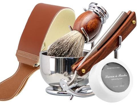 Grandslam Rasiermesser Kit, Stahl Cutthroat Rasiermesser mit Leder-Streichriemen, Rasierpinsel, Edelstahl Rasierschale und Ständer, Rasierseife, Geschenk für Männer