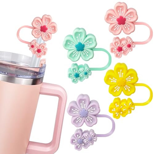 Hikkcos Cute Stanley Straw Topper Silicone Straw Covers Cap Cute Flowers Straw Topper Stanley Cup Accessories for 40/30 oz Stanley Tumbler, Stanley Cup Topper, Double Sakura