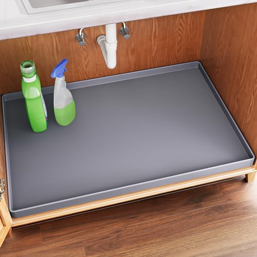 FLATO Waterproof Under Sink Mat 34 x 19 Shelf Liner for Kitchen and Bathroom, Cabinet Protector, Organizers and Storage, Flexible Silicone Drip Tray