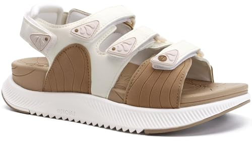 ONCAI Womens Walking Sandals Summer Hiking Sports Sandles with Arch Support Woman Outdoor Orthopedic Water with Adjustable Strap Beige/White Size 6