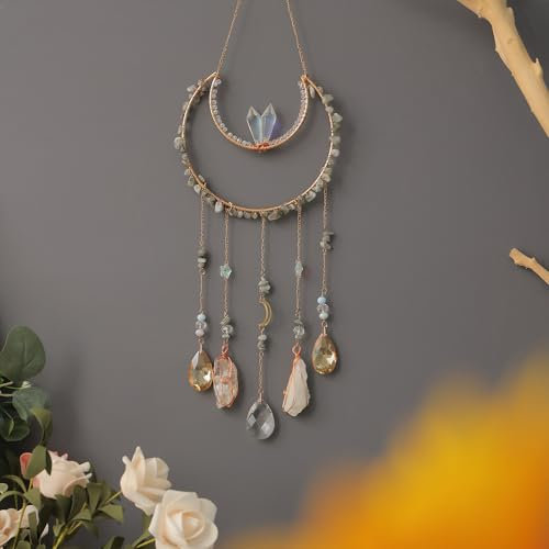 Moon Crystals Traumfänger Baum des Lebens, natürlicher Edelstein, Achat, Wandbehang für Fenster, Garten, Heimdekoration (Neumondform)