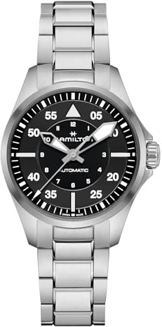 Hamilton Khaki Aviation Pilot Automatic Men's Watch, 36mm Stainless Steel Case, Swiss Made, Black Dial Analog Wrist Watch, 100m Waterproof, Sapphire Crystal, 3-Hand Movement, Stainless Steel Strap