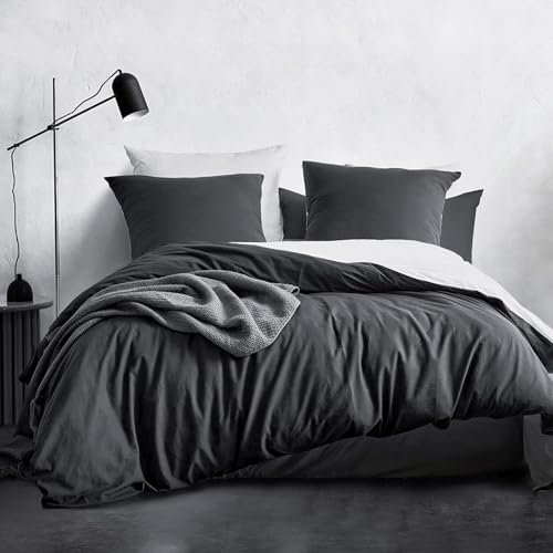 SOULFUL Housse de Couette 220x240 Coton, Anthracite Noir Ensembles de Housse de Couette avec Fermeture Éclair, 100% Coton Lavé, Texture Lin, Parure de Lit 220x240 Coton avec 2 Taie d'oreiller 65x65 cm