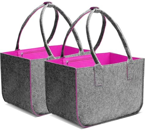 Duscdesp 2 Stück 30L Filztaschen Shopper Groß, Einkaufstasche Faltbar Filz Einkaufskorb mit Lange Henkel, Stabiler Einkaufs Tasche mit Innentasche, Filztasche Kaminholz Filzkorb (Dunkelgrau/Magenta)