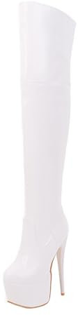 HSyc JRX Lack Plateau Overknee Stiefel mit Stiletto Absatz Pole Dance Stiefel Weiß 40
