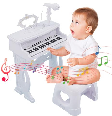 Forroby Kids Piano Keyboard, Toddler Mini Keyboard Stand and Stool Set with Microphone, Kids Portable Musical Instruments Portable, Learning Toys, Birthday Gifts for Age 2+, White