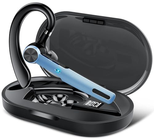 Bluetooth Headset V5.3, Bluetooth Earpiece with CVC8.0 Noise Canceling Mic, 60H Play Time Hands Free Earpiece, Single Wireless Headset with LED Charging Case, Wireless Earpiece for Business, Blue