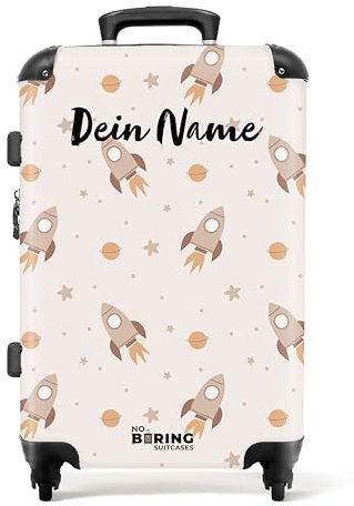 NoBoringSuitcases.com Kinder Koffer, Koffer Personalisiert, Koffer Groß, Koffer Kinder, TSA Schloss, Koffer Leicht Groß, 20 kg Koffer (Muster von Raketen und Planeten - Beige, 67 cm - 72 L)